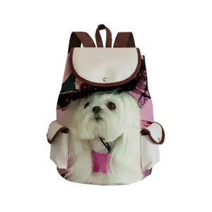 Canvas backpack featuring a cute white dog print, brown straps, and convenient pockets for daily use.