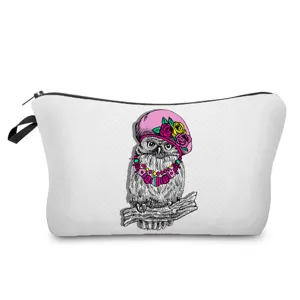Close-up view of the cute owl illustration print and smooth zipper detail on the pouch.