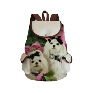 Detailed view of the cute white dog print canvas backpack with brown straps and pockets.