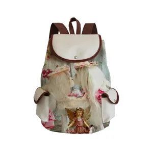 Canvas backpack detail view, cute dog print design, daily school bag for students and teens.