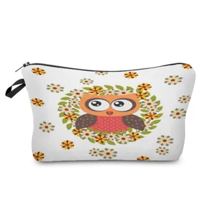 Cute owl print cosmetic bag portable travel makeup pouch functional toiletries storage organizer