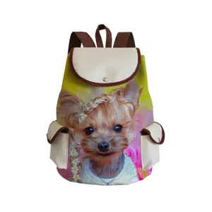 Cute Yorkie dog print canvas backpack for daily school use with convenient flap pockets inside