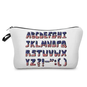 Λευκό τσαντάκι καλλυντικών από καμβά με 3D εκτύπωση αλφαβήτου σημαίας ΗΠΑ, θήκη μολυβιών.