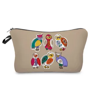Cute owl print cosmetic bag, multi-functional travel makeup storage pouch with zipper.