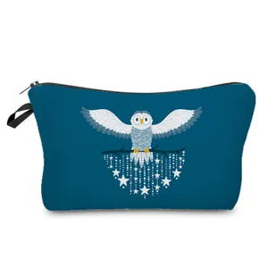 Blue owl printed cosmetic bag, multi-functional travel makeup storage pouch with zipper.