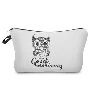 Owl print cosmetic pouch detail view, casual toiletry storage bag for travel and daily use.