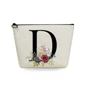 Canvas makeup bag with black letter D and floral print, stylish cosmetic travel toiletry pouch.