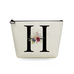Close-up detail of the canvas cosmetic makeup pouch featuring floral letter print and zipper.