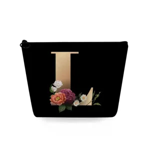Zwarte cosmetische tas met bloemletter L print draagbare kleine make-up etui voor dagelijks gebruik