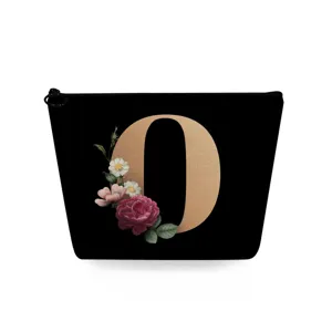 Zwarte cosmetische tas met letter O en bloemen, draagbare make-uptas voor lippenstift.