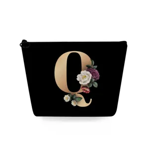 Zwarte cosmetische tas met bloemletter Q, draagbaar klein make-up tasje voor lippenstift.