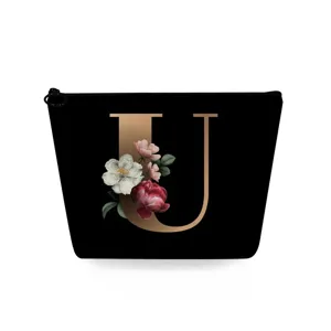 Zwarte cosmetische tas met letter U en bloemenprint, draagbare make-up tas voor dames.