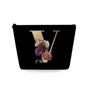 Zwarte bloemletter V make-up tas draagbare cosmetische etui voor lippenstift opberging