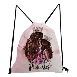 Detailed close-up view of the cute mother and daughter princess print drawstring backpack.