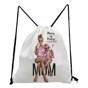 Custom mother daughter print drawstring bag casual travel portable storage canvas backpack gym sack