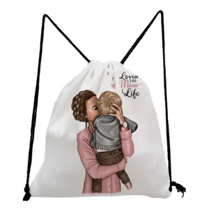 Cute mother and child print drawstring backpack, versatile canvas travel storage bag for daily use.