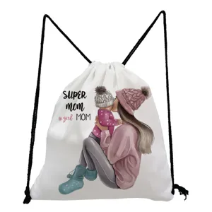 Close-up view of the casual drawstring storage bag featuring a lovely mother and daughter print design.