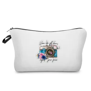 Tragbare weiße Kosmetiktasche mit Vintage-Kamera-Blumen-Druck, ideale Kulturbeutel für Reisen.