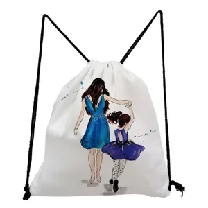 Mother daughter print drawstring bag detail view, casual canvas cinch travel pack.