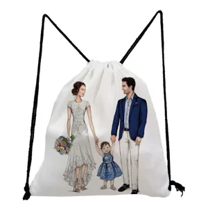 Custom family illustration white drawstring backpack casual travel storage bag light portable