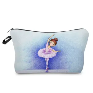 Vista detallada del neceser de maquillaje con bonito diseno de bailarina y cremallera.