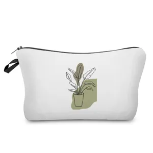 Minimalistische Pflanzen Linienkunst Kosmetiktasche, weiße Make-up Tasche mit Reißverschluss.