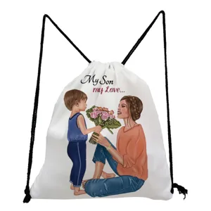 White drawstring backpack casual travel storage bag with cute mother and son print design.