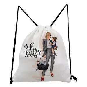 Details of the fashion mother illustration drawstring bag, casual travel storage organizer.