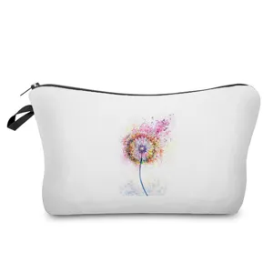 Detailansicht der weißen Kosmetiktasche mit buntem Aquarell Löwenzahn Kunstdruck Reißverschluss.