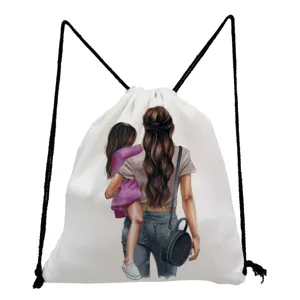 Close-up detail of the portable drawstring bag featuring a warm mother-daughter print design.