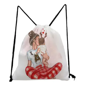 Detailed view of the cute mother and daughter print drawstring backpack, casual storage bag.