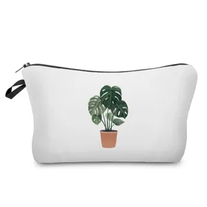 Kulturbeutel mit Monstera-Pflanzenprint, weiße Kosmetiktasche aus Canvas mit Reißverschluss.