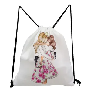 Close-up detail of the white drawstring backpack featuring a sweet mother-daughter art print.