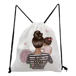 Close-up detail of the white drawstring backpack featuring a sweet mother-daughter print.