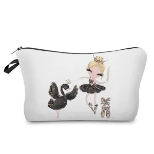 Detalle de neceser de cisne negro y bailarina, bolsa de maquillaje con cremallera de tela.