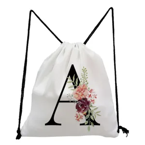 White canvas drawstring backpack featuring floral letter print for daily casual use.