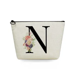 Canvas makeup bag featuring letter N and watercolor floral print for daily cosmetic storage.