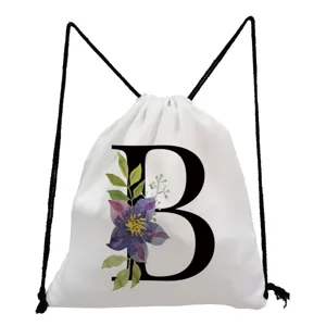 Minimalist Polyester Drawstring Backpack for Students Casual Unisex White Letter Floral Printed School Sackpack Outdoor Travel Bag