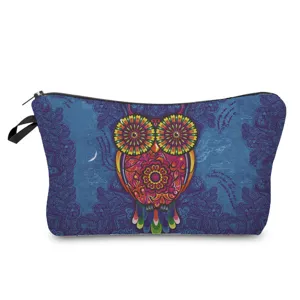 Multifunctional canvas makeup bag featuring vibrant owl mandala print with convenient zipper closure.