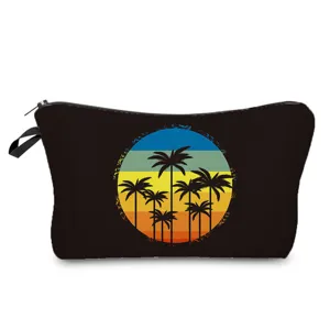 Schwarze Kosmetiktasche mit Vintage Sonnenuntergang Palmen Druck Reise Make up Beutel