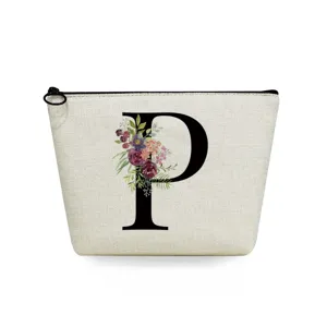 Canvas cosmetic makeup bag with floral letter P design, portable travel toiletry storage pouch.
