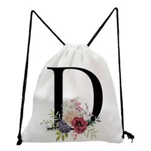 White drawstring backpack with large letter D and watercolor floral print for daily use.