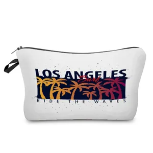 Tragbare Kosmetiktasche aus Leinen mit Los Angeles Palmen Print Motiv für Reisen.