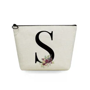 Canvas makeup bag with floral letter S print, ideal for travel, toiletry and cosmetic storage.