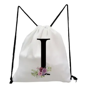 Custom letter floral drawstring backpack, minimalist white canvas gym sack for students daily use.