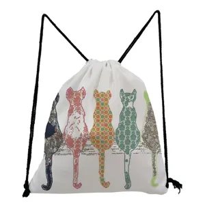 Sac à Cordon Imprimé Chat de Dessin Animé Sac à Dos en Polyester Pochette de Rangement Minimaliste pour Étudiants École Voyage