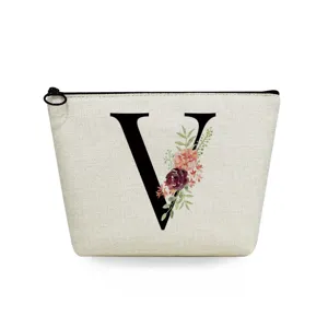 Canvas cosmetic makeup pouch with floral letter V print, stylish daily toiletry storage bag.