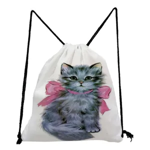 Sac a dos cordon chat gris mignon, sac d'ecole en toile decontracté pour ados et etudiants.