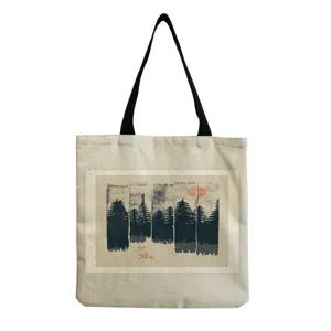 Linen Tote Bag For Women Reusable Beach Bag Landscape Letter Print Large Capacity Multi Functional Shoulder Bag Casual Handbag