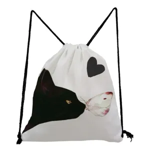 Sac à dos à cordon blanc avec imprimé chat noir et papillon mignon, sac d'école.